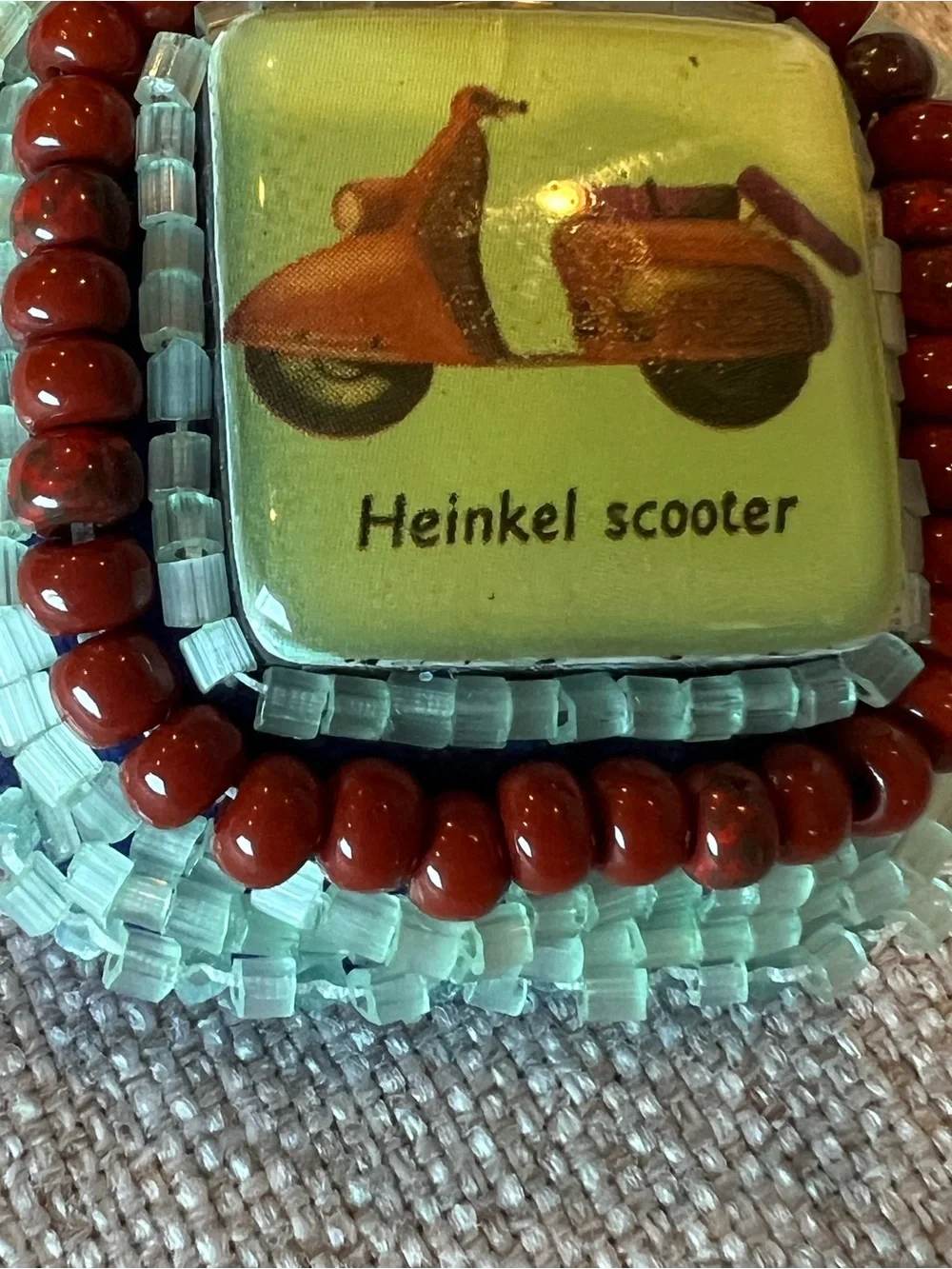 Heinkel Scooter Beaded Brooch Pin - Red & Cream